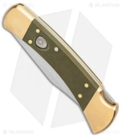 Buck Knives Buck 110 Automatic Knife OD Green Canvas Micarta/Brushed Brass (3.75" SW) 6 Buck Knives Buck 110 Automatic Knife OD Green Canvas Micarta/Brushed Brass (3.75" SW) -Buck Knives Shop Buck 110 Auto Brushed Micarta Brass BHQ 88783 er spine