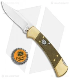 Buck Knives Buck 112 Exclusive Automatic Knife Green Micarta/Brass (3" Satin) -Buck Knives Shop Buck 112 Exclusive Auto OD Green Micarta Polished Brass Satin 0112GRSABHQ B BHQ 101545 jr bottlecap 1 2